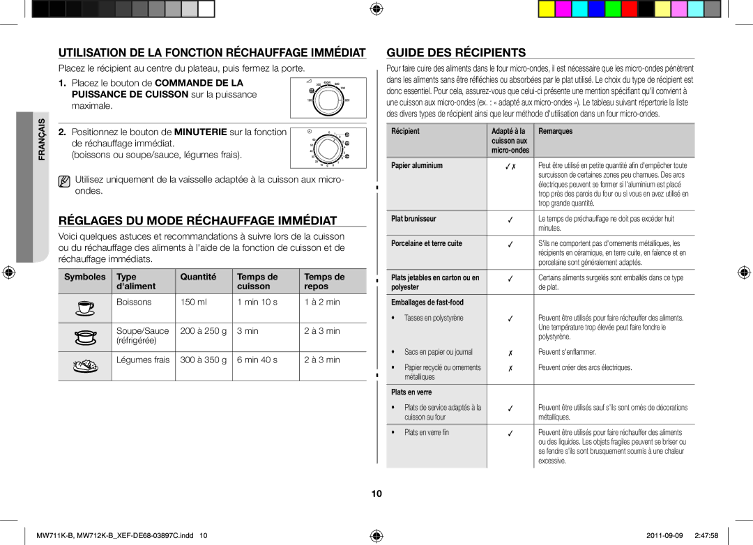 Samsung MW712K-B/XEF manual Réglages DU Mode Réchauffage Immédiat, Guide DES Récipients 