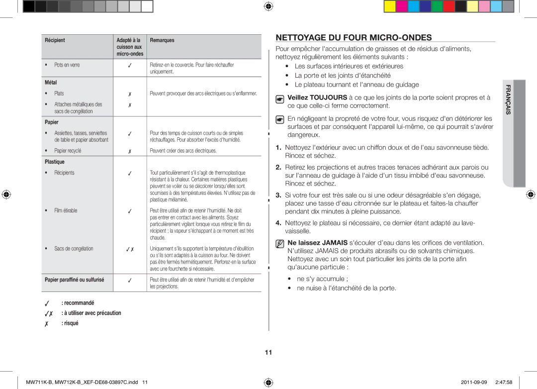 Samsung MW712K-B/XEF manual Nettoyage DU Four MICRO-ONDES, Recommandé, Risqué 