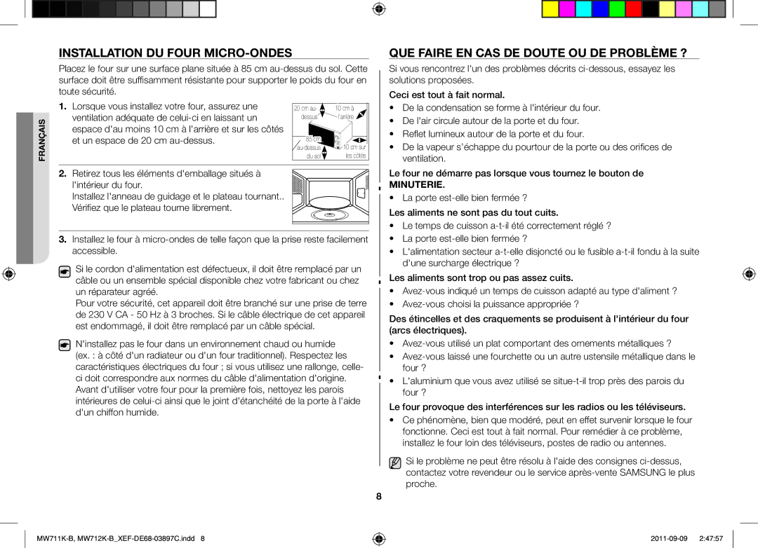 Samsung MW712K-B/XEF manual Installation DU Four MICRO-ONDES, QUE Faire EN CAS DE Doute OU DE Problème ? 