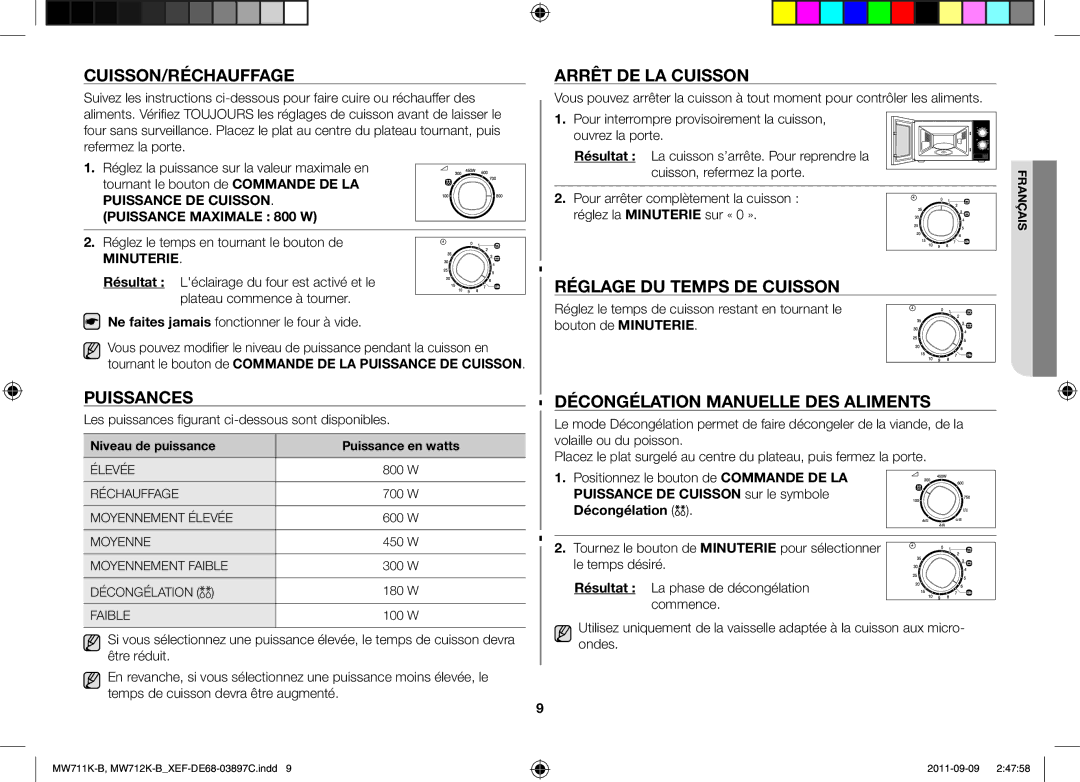 Samsung MW712K-B/XEF manual Cuisson/Réchauffage, Puissances, Arrêt DE LA Cuisson, Réglage DU Temps DE Cuisson 