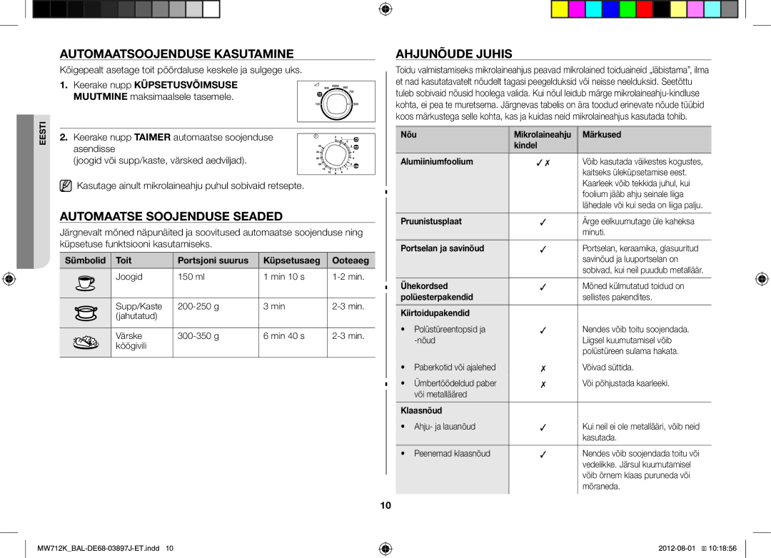 Samsung MW712K/BAL manual Automaatsoojenduse Kasutamine, Automaatse Soojenduse Seaded, Ahjunõude Juhis 