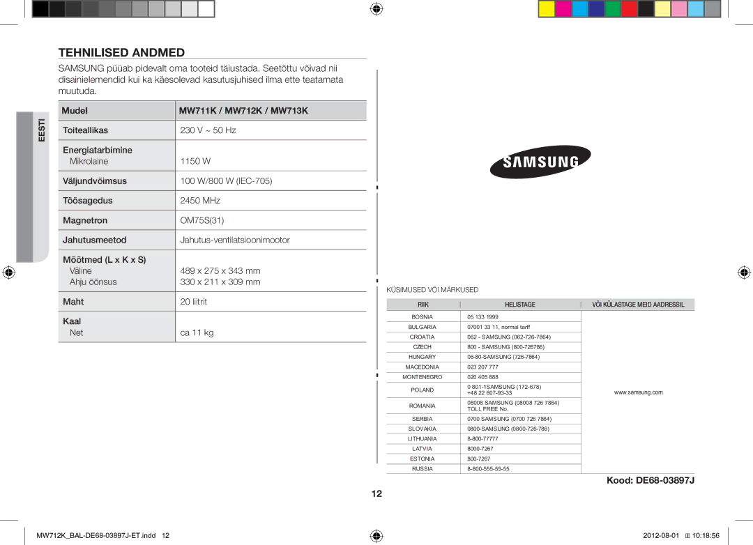 Samsung MW712K/BAL manual Tehnilised Andmed, Kood DE68-03897J, Mudel MW711K / MW712K / MW713K 