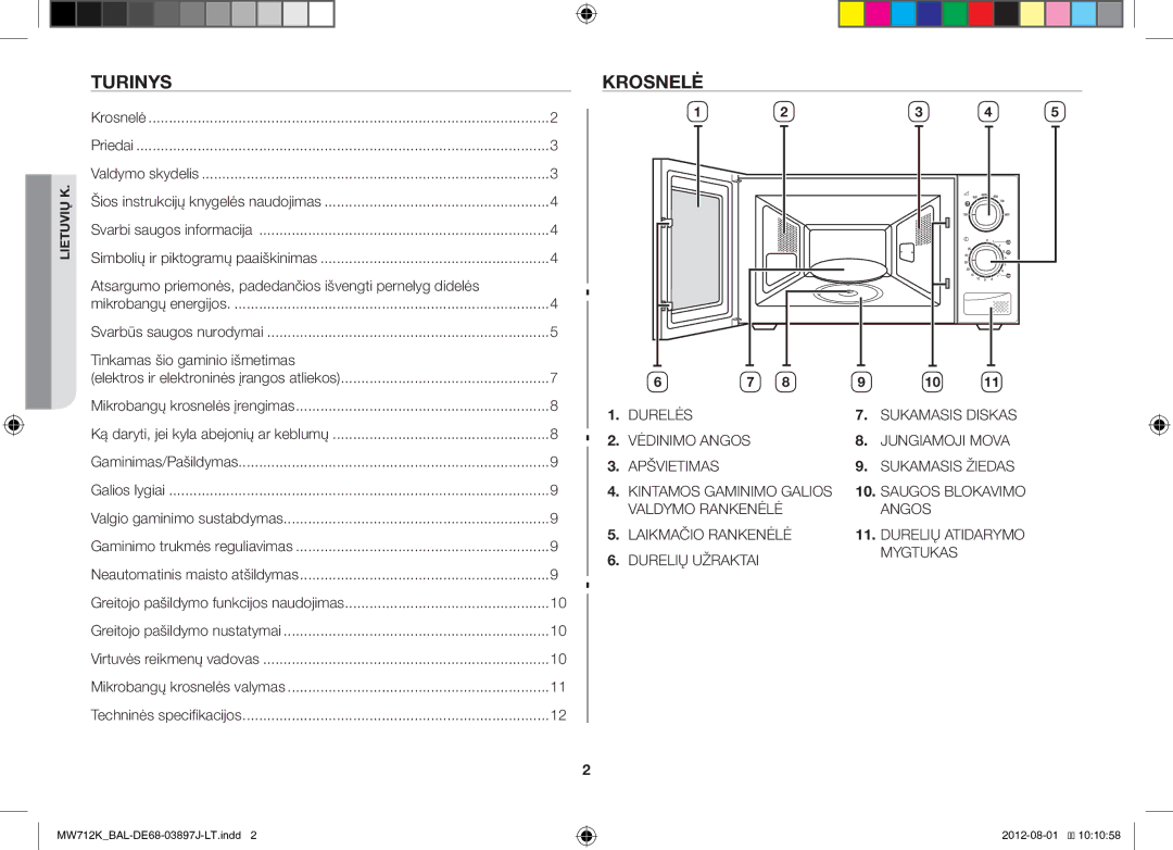 Samsung MW712K/BAL manual Turinys, Krosnelė, Atsargumo priemonės, padedančios išvengti pernelyg didelės 