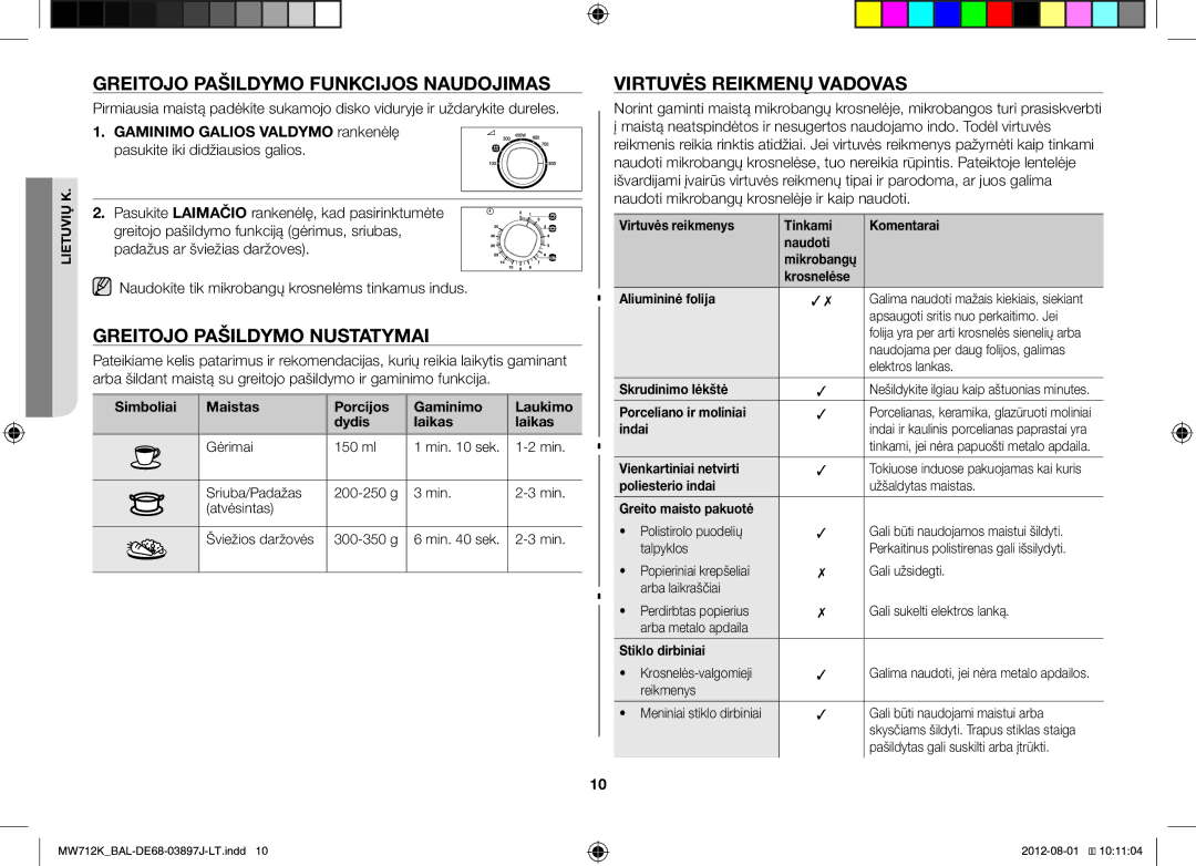 Samsung MW712K/BAL manual Greitojo Pašildymo Funkcijos Naudojimas, Greitojo Pašildymo Nustatymai, Virtuvės Reikmenų Vadovas 