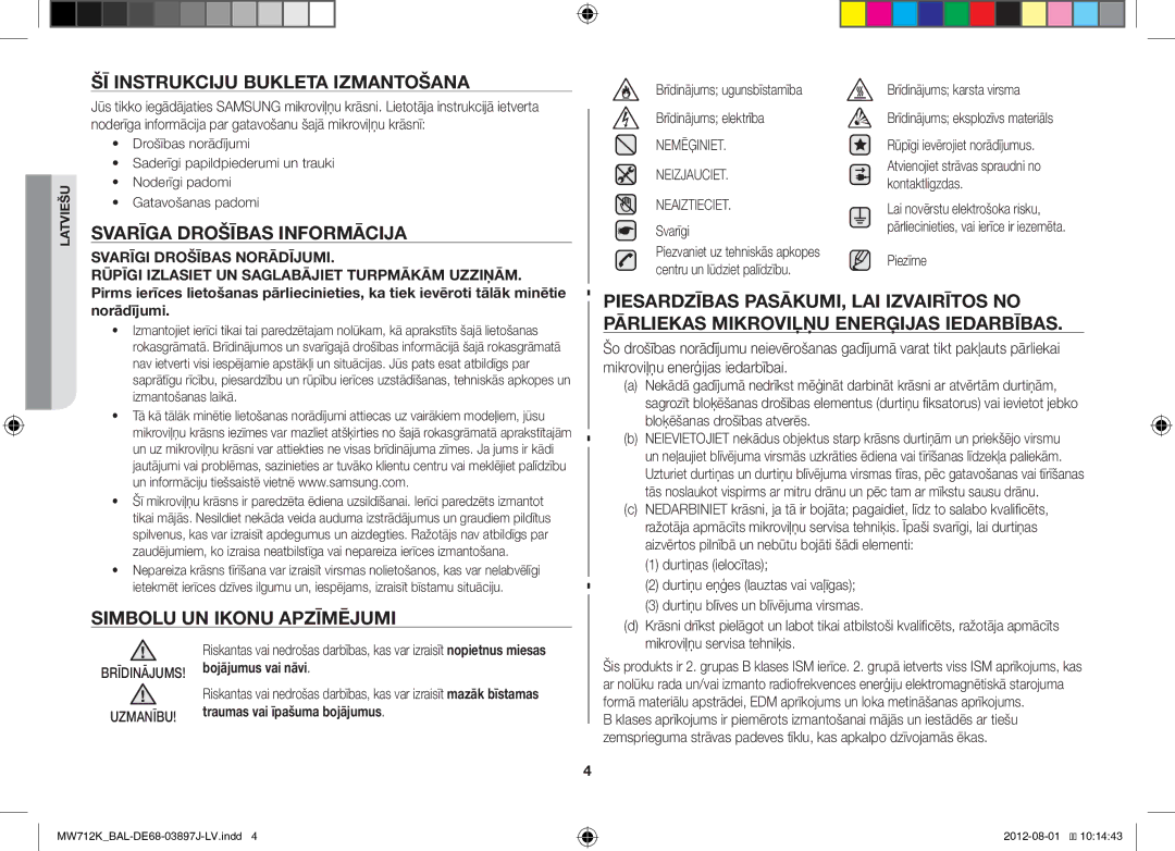 Samsung MW712K/BAL manual ŠĪ Instrukciju Bukleta Izmantošana, Svarīga Drošības Informācija, Simbolu UN Ikonu Apzīmējumi 