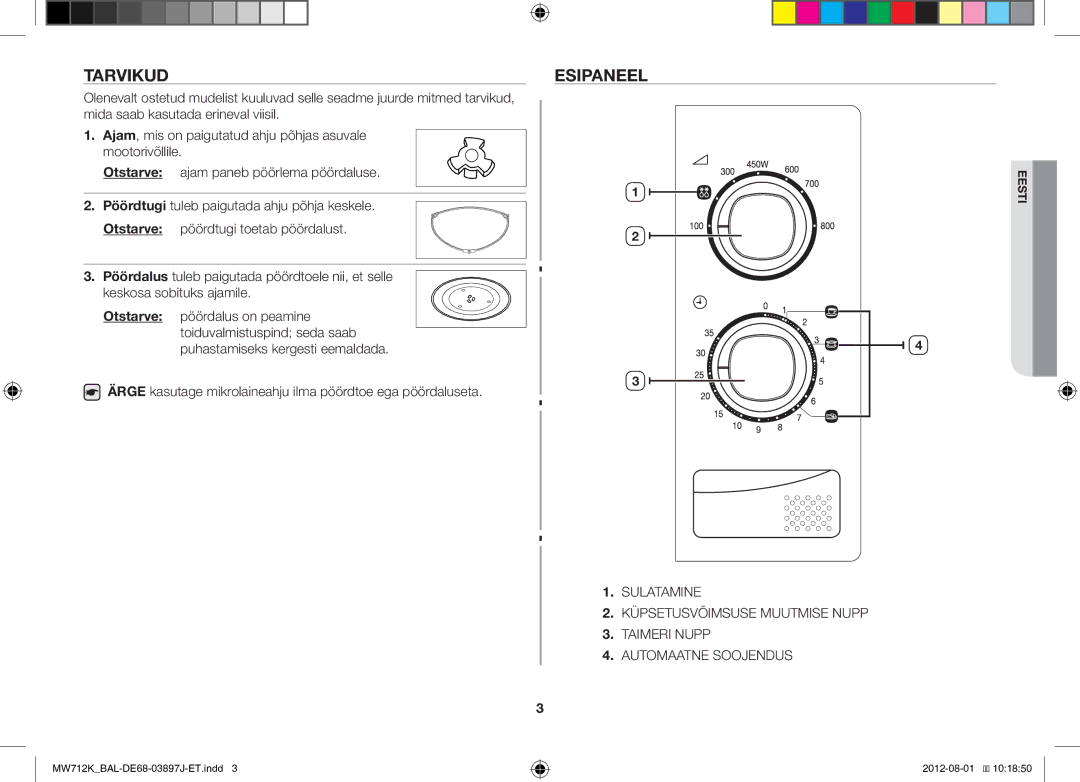 Samsung MW712K/BAL manual Tarvikud, Esipaneel, Otstarve, Ärge kasutage mikrolaineahju ilma pöördtoe ega pöördaluseta 