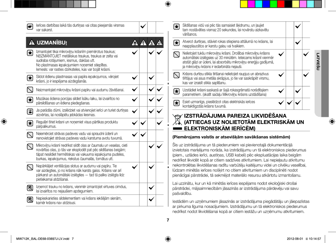 Samsung MW712K/BAL manual Uzmanību, Piemērojams valstīs ar atsevišķām savākšanas sistēmām 