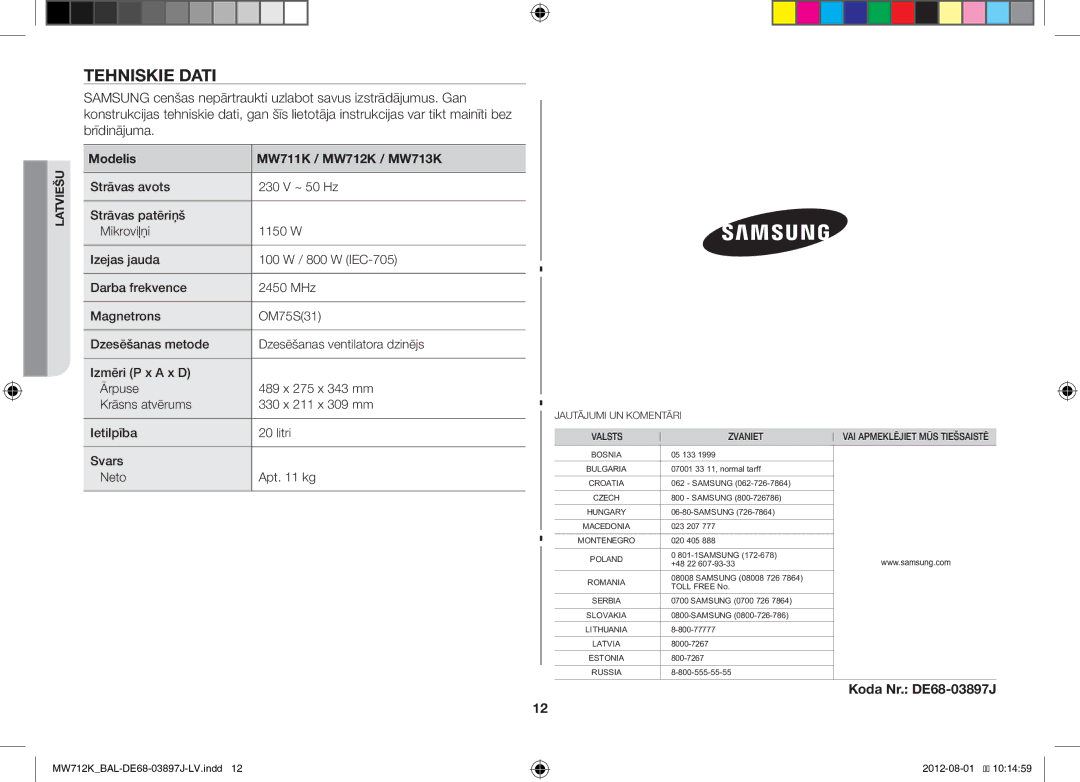 Samsung MW712K/BAL manual Tehniskie Dati, Koda Nr. DE68-03897J 