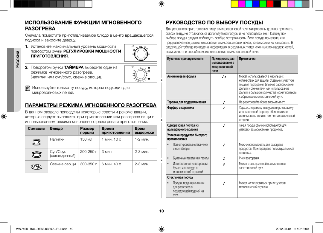 Samsung MW712K/BAL manual Использование Функции Мгновенного Разогрева, Параметры Режима Мгновенного Разогрева 