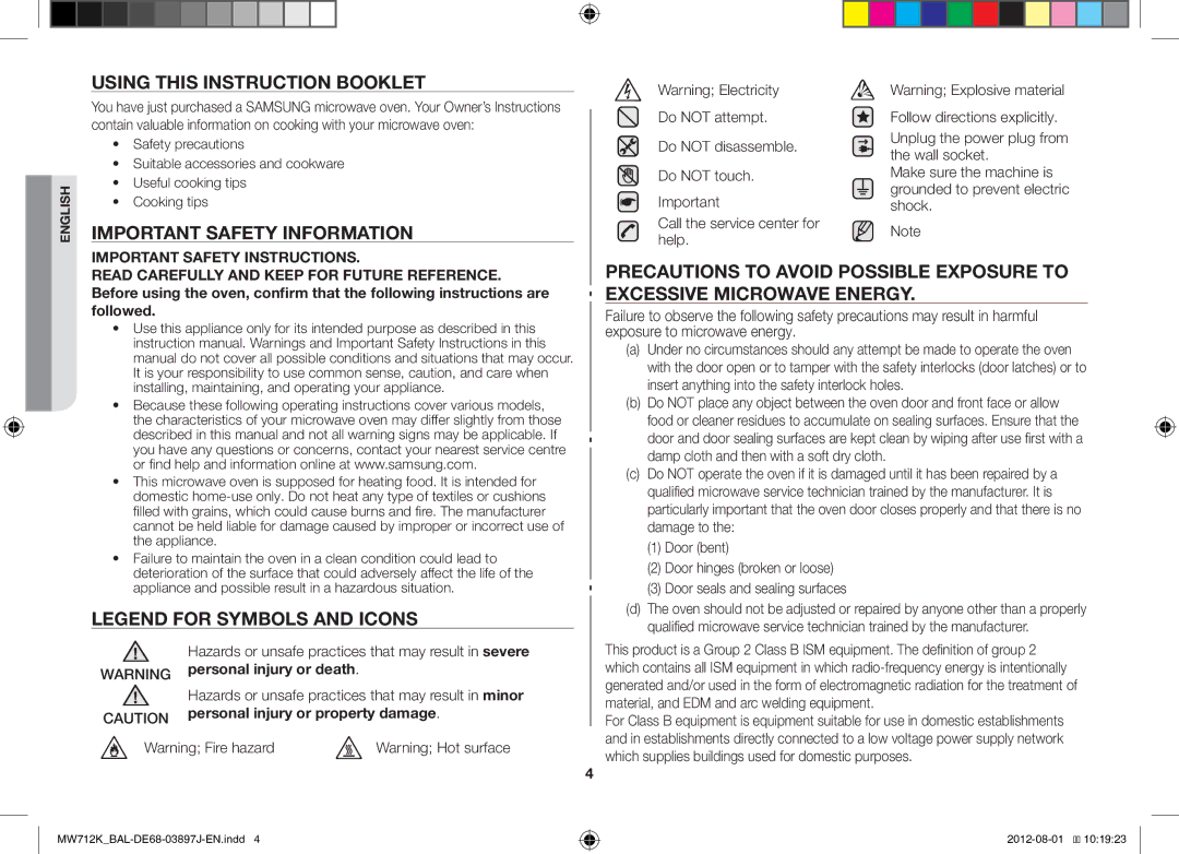 Samsung MW712K/BAL manual Using this Instruction Booklet, Important Safety Information, Important Safety Instructions 