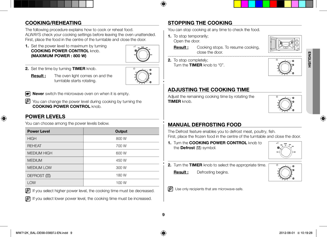 Samsung MW712K/BAL manual Cooking/Reheating, Stopping the Cooking, Power Levels, Adjusting the Cooking Time 