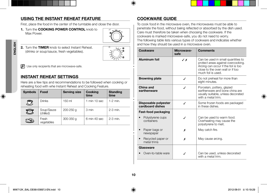 Samsung MW712K/BAL manual Using the Instant Reheat Feature, Instant Reheat Settings, Cookware Guide 