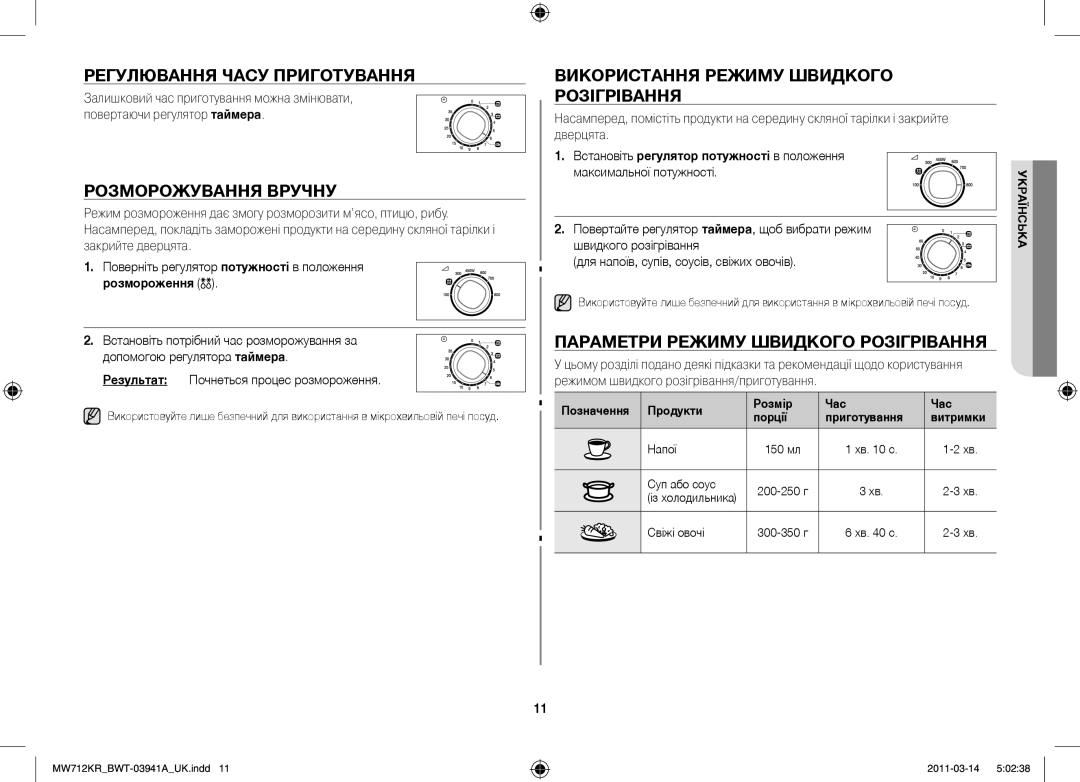 Samsung MW712KR/BWT manual Регулювання часу приготування, Розморожування вручну, Використання режиму швидкого Розігрівання 