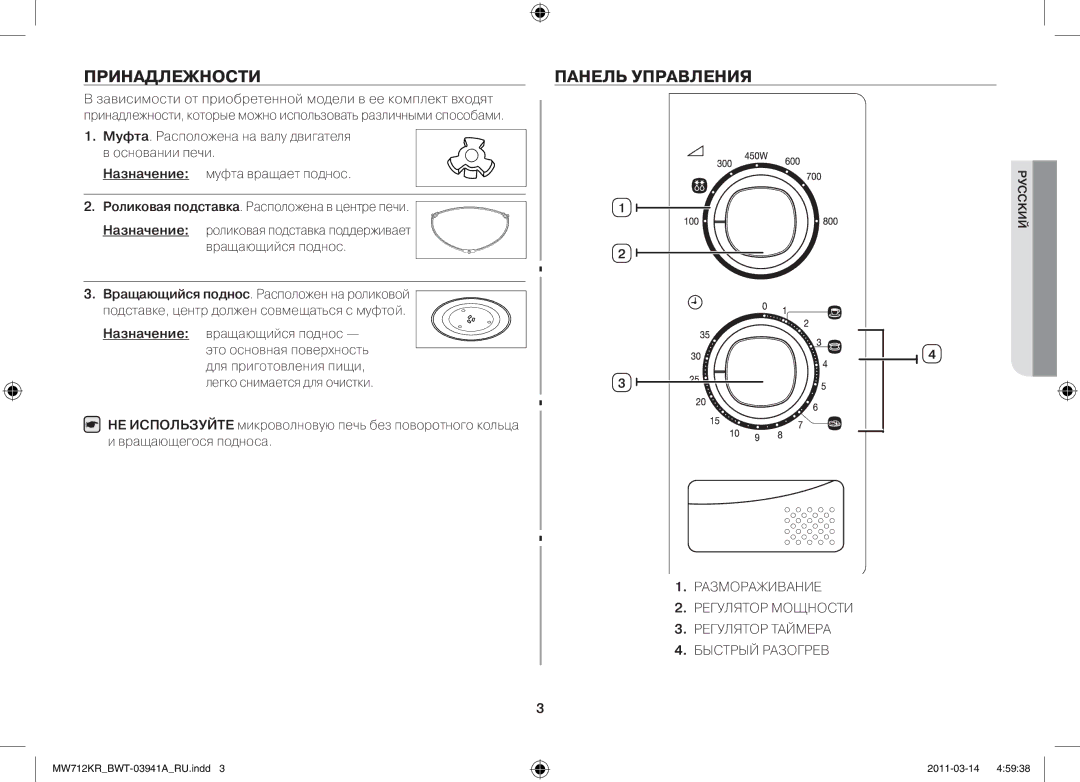 Samsung MW712KR/BWT manual Принадлежности, Панель управления 