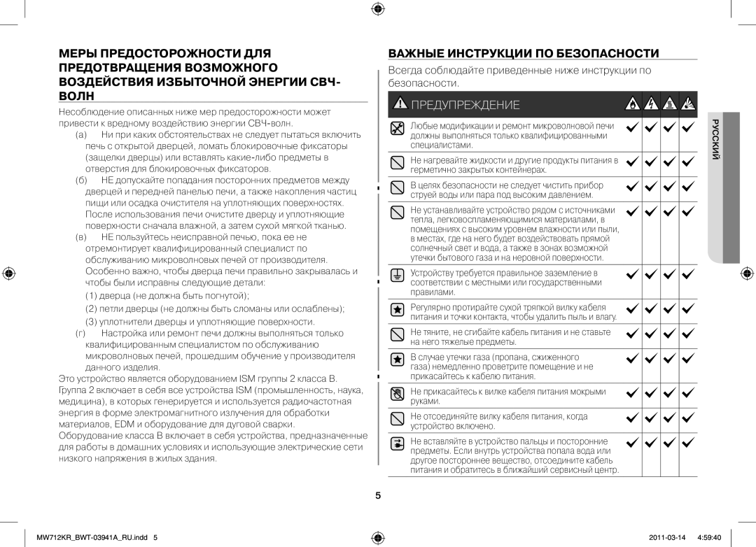 Samsung MW712KR/BWT manual Важные Инструкции ПО Безопасности 