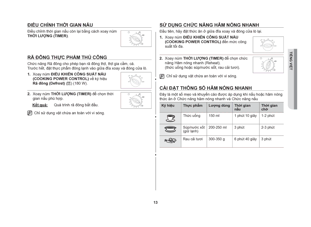 Samsung MW712N/XSV manual Điều chỉnh thời gian nấu, Rã đông thực phẩm thủ công, Sử dụng chức năng hâm nóng nhanh 