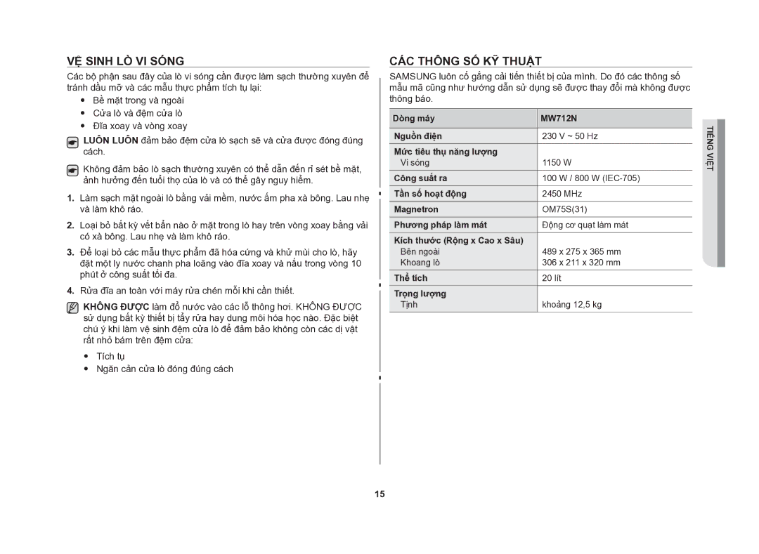 Samsung MW712N/XSV manual Vệ sinh lò vi sóng, Các thông số kỹ thuật 