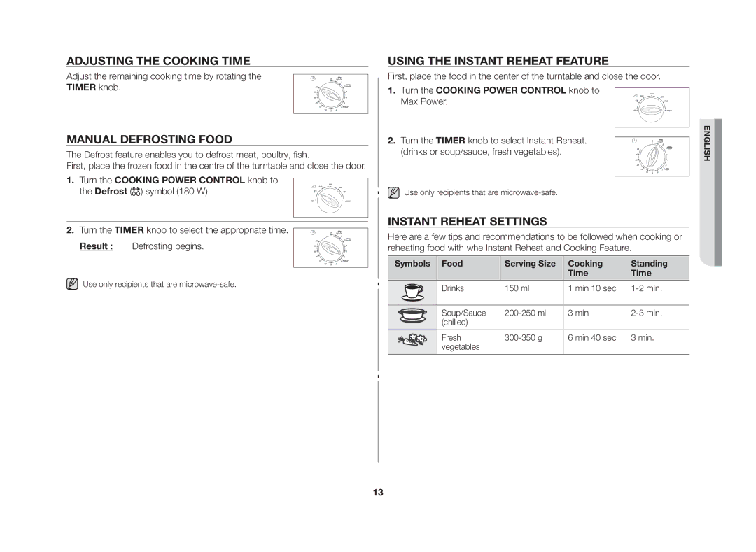 Samsung MW712N/XSV manual Adjusting the cooking time, Manual defrosting food, Using the instant reheat feature 