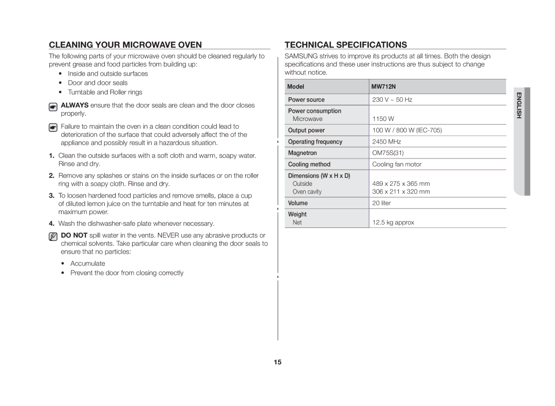 Samsung MW712N/XSV manual Cleaning your microwave oven, Technical specifications, Model MW712N 