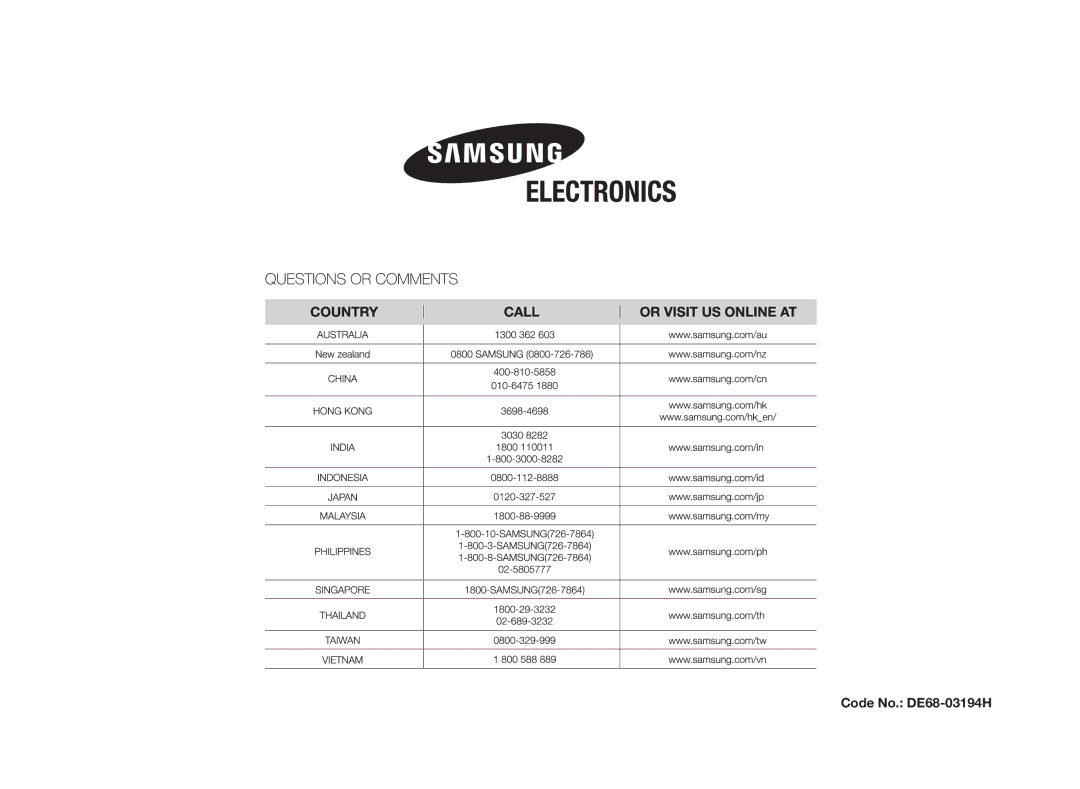 Samsung MW712N/XSV manual Code No. DE68-03194H 