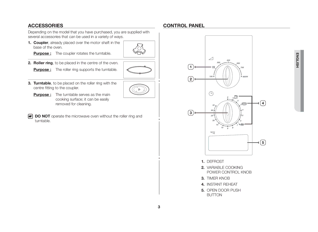 Samsung MW712N/XSV manual Accessories, Control panel 