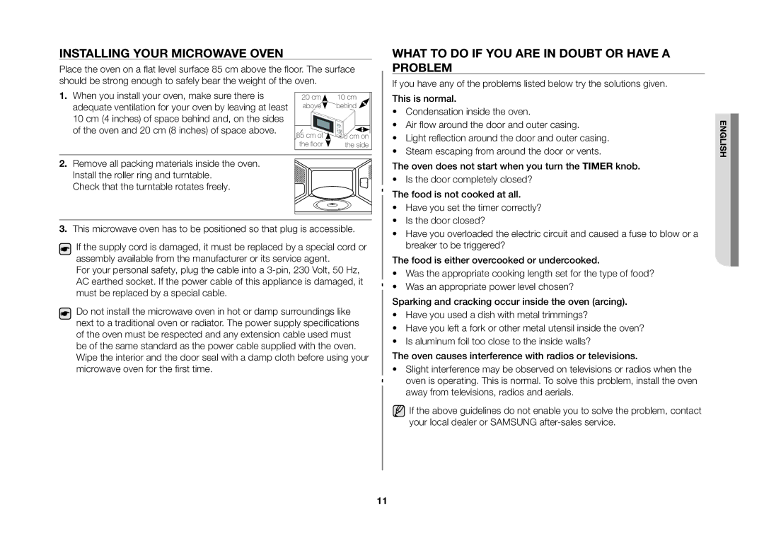 Samsung MW71B-S/XEO manual Installing your microwave oven, What to do if you are in doubt or have a problem 