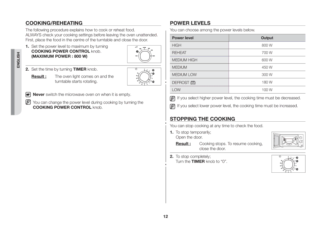 Samsung MW71B-S/XEO manual Cooking/Reheating, Power levels, Stopping the cooking 