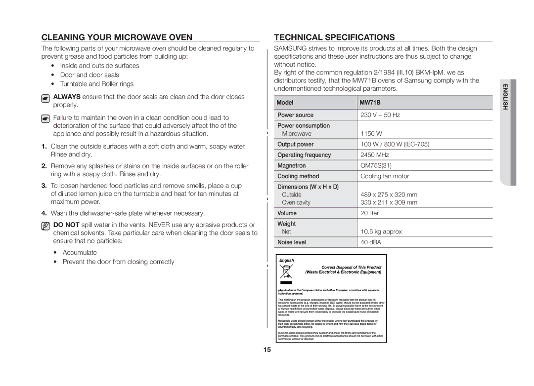 Samsung MW71B-S/XEO manual Cleaning your microwave oven, Technical specifications 