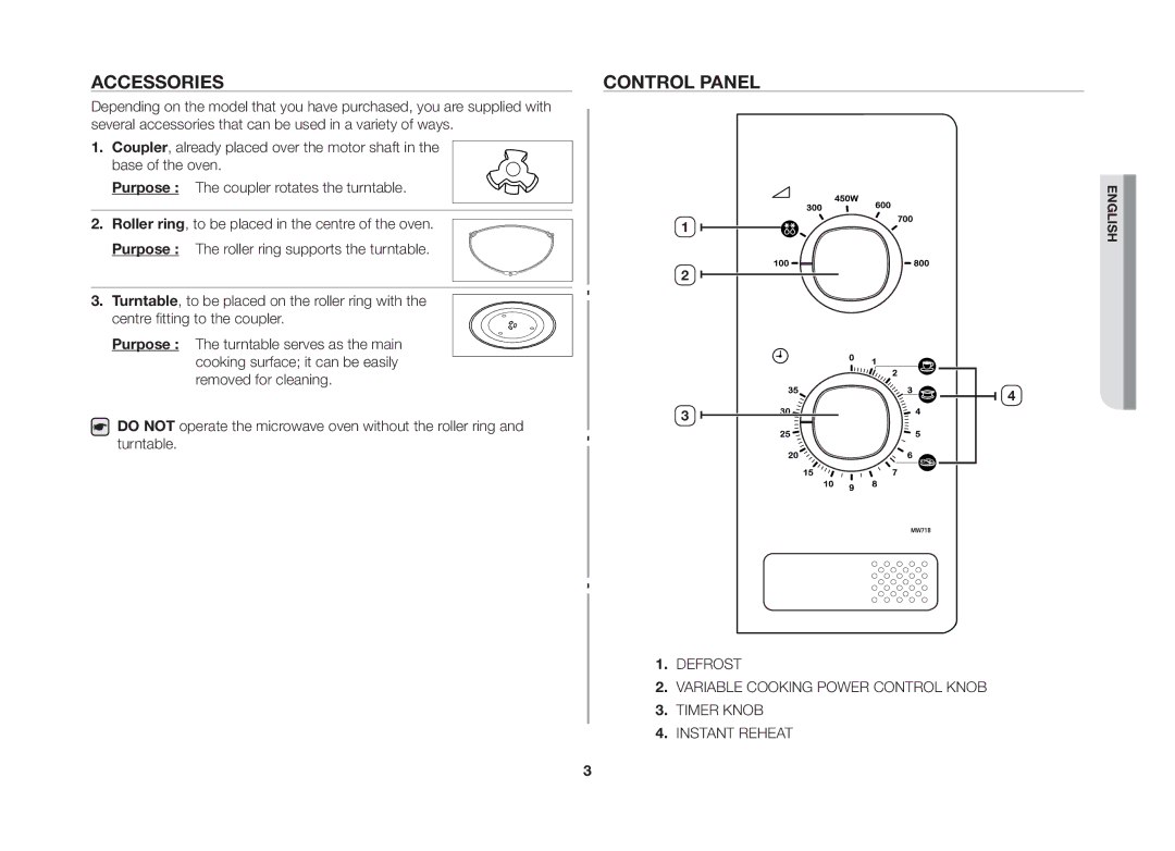 Samsung MW71B-S/XEO manual Accessories, Control panel 