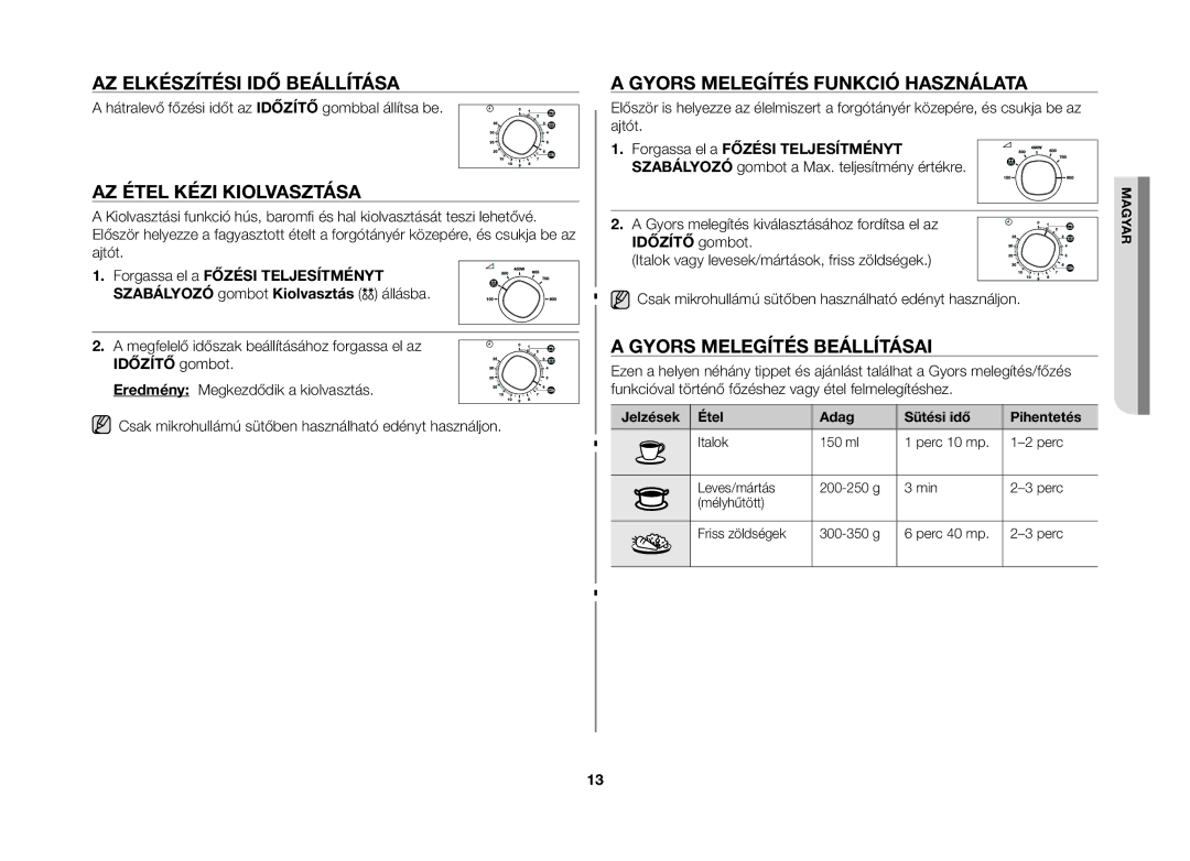 Samsung MW71B-S/XEO manual Az elkészítési idő beállítása, Az étel kézi kiolvasztása, Gyors melegítés funkció használata 