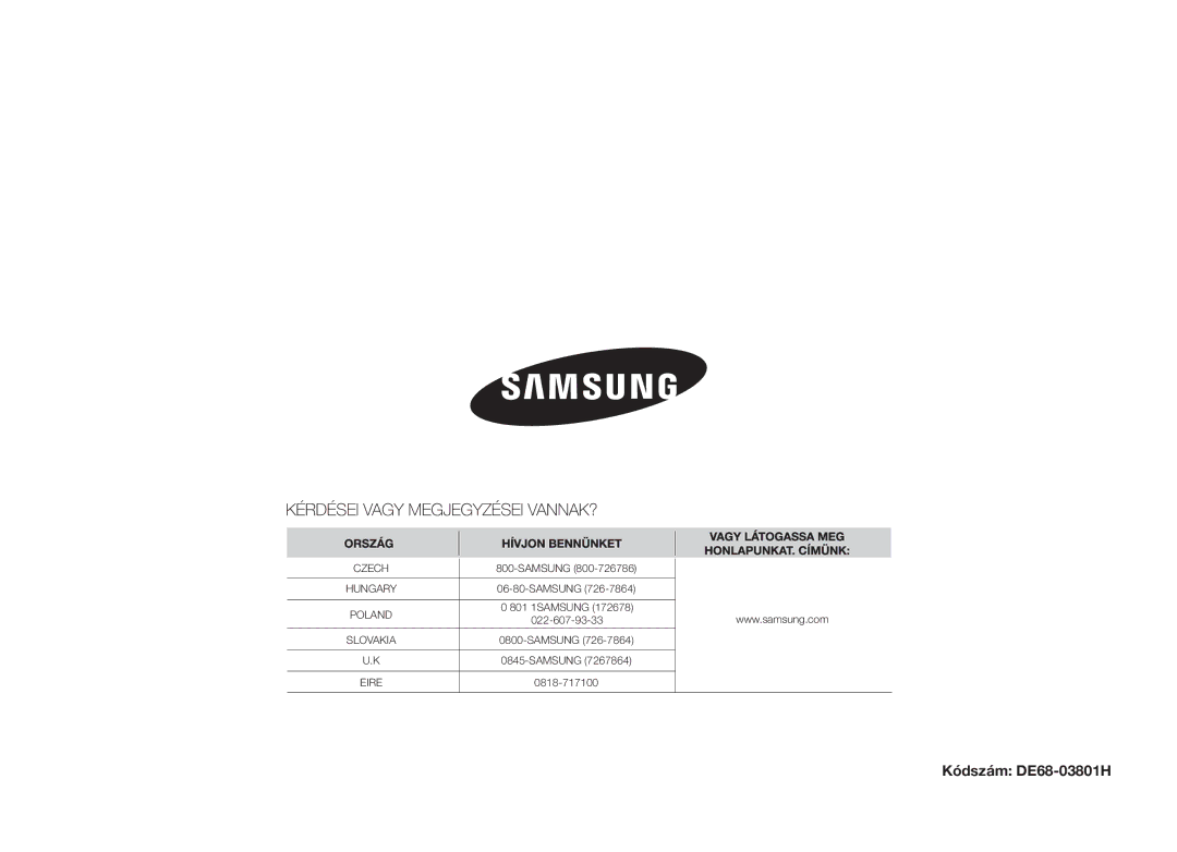 Samsung MW71B-S/XEO manual Kódszám DE68-03801H 