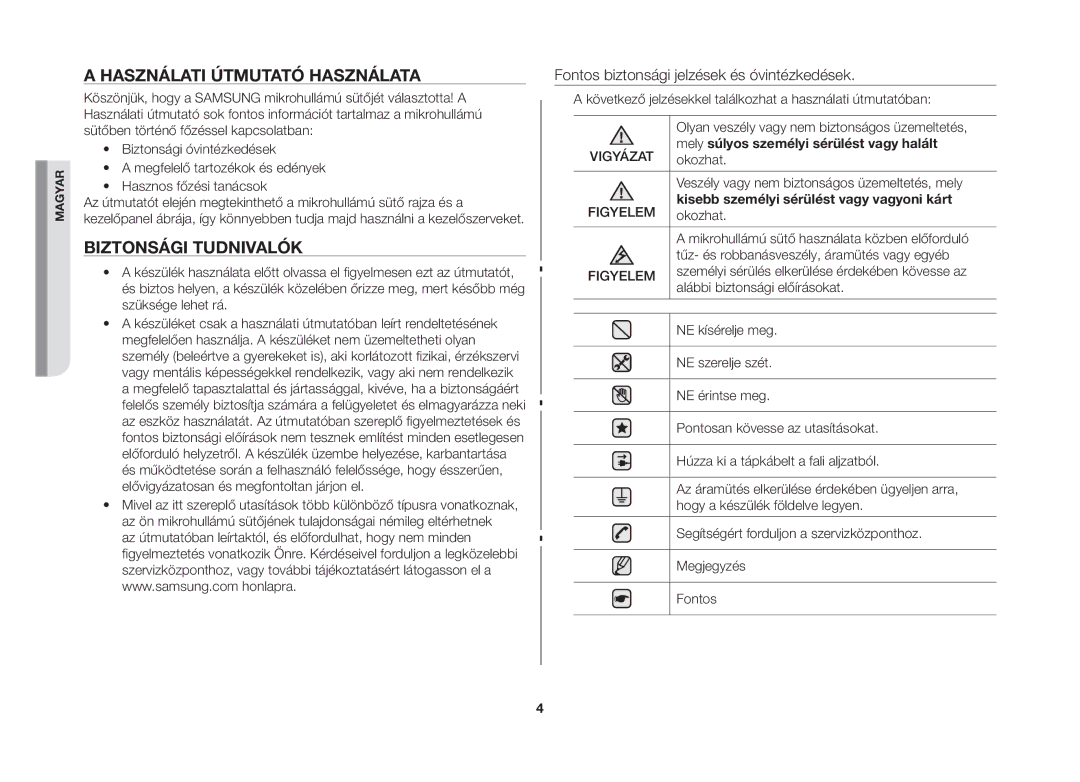 Samsung MW71B-S/XEO manual Használati útmutató használata, Biztonsági tudnivalók 