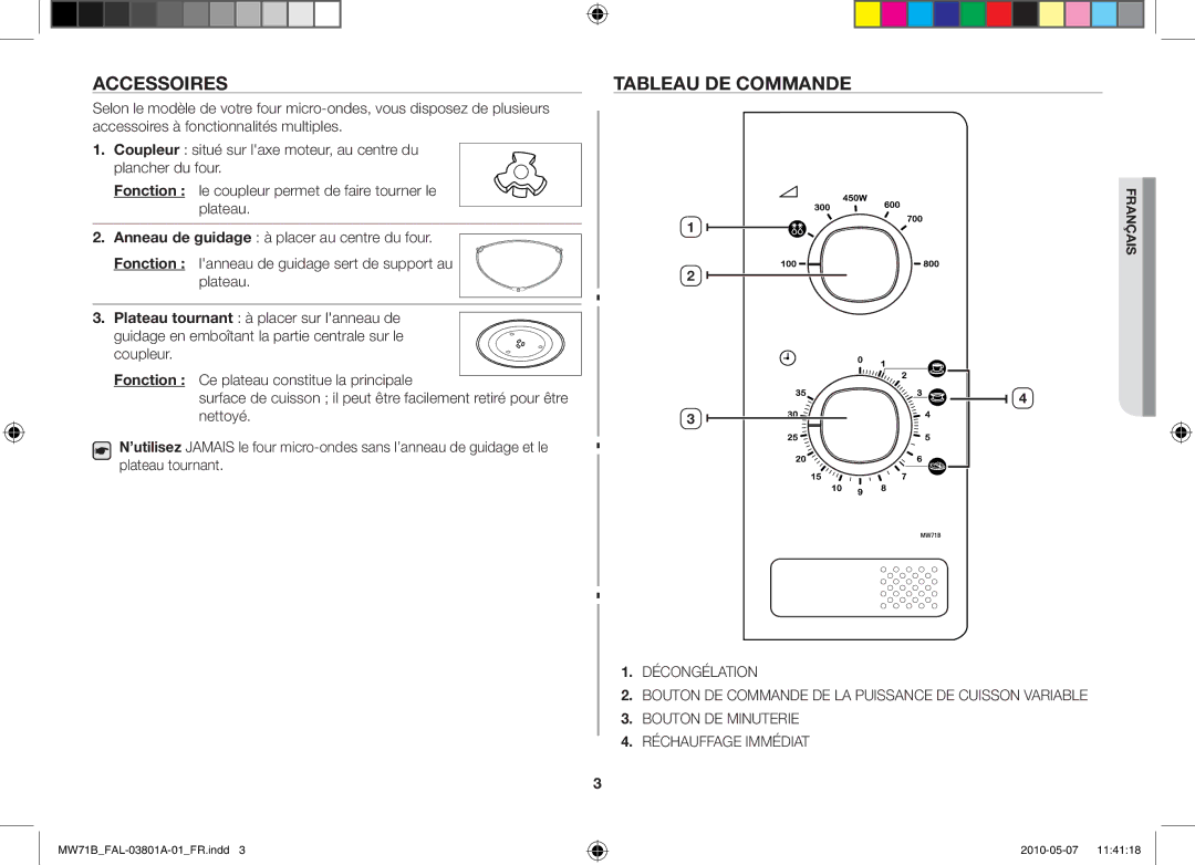 Samsung MW71B/BAL manual Accessoires, Tableau de commande 