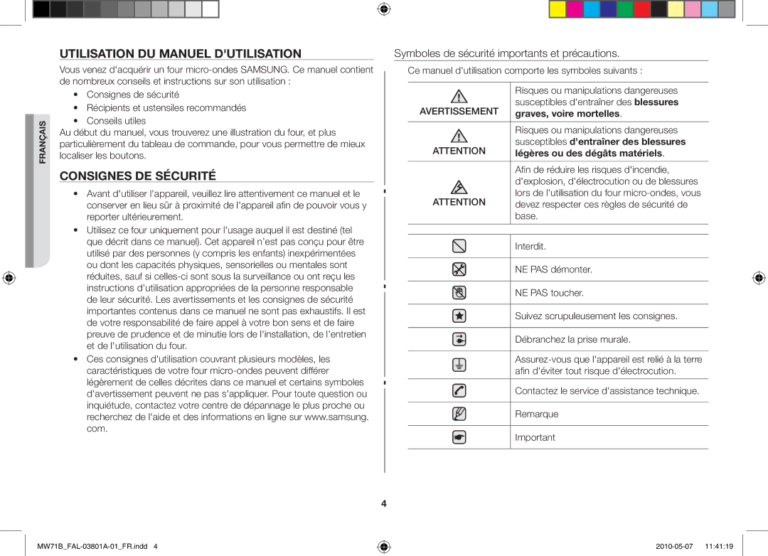 Samsung MW71B/BAL manual Utilisation du manuel dutilisation, Consignes de sécurité, Graves, voire mortelles 