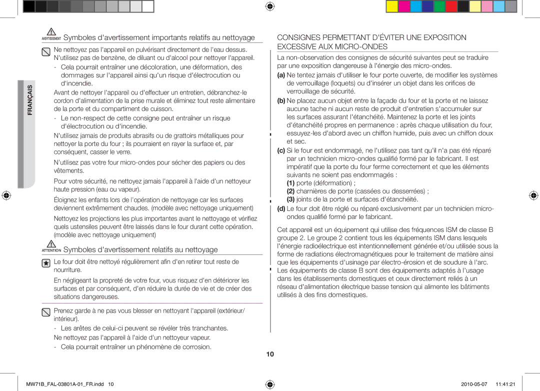 Samsung MW71B/BAL manual Cela pourrait entraîner un phénomène de corrosion 