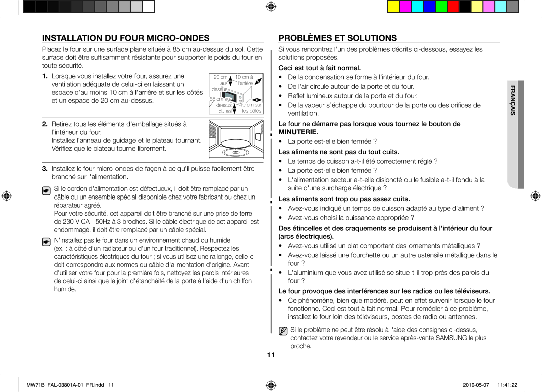 Samsung MW71B/BAL Installation du four micro-ondes, Problèmes et solutions, Reflet lumineux autour de la porte et du four 