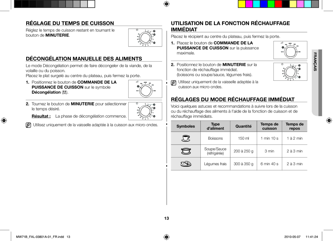 Samsung MW71B/BAL Réglage du temps de cuisson, Décongélation manuelle des aliments, Réglages du mode réchauffage immédiat 