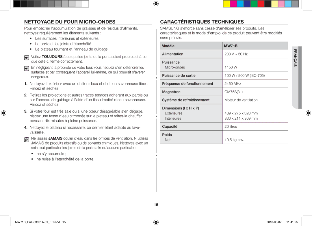 Samsung MW71B/BAL manual Nettoyage du four micro-ondes, Caractéristiques techniques, Modèle 