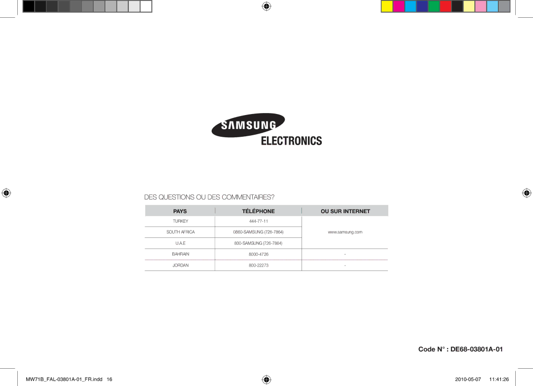 Samsung MW71B/BAL manual Code N DE68-03801A-01 