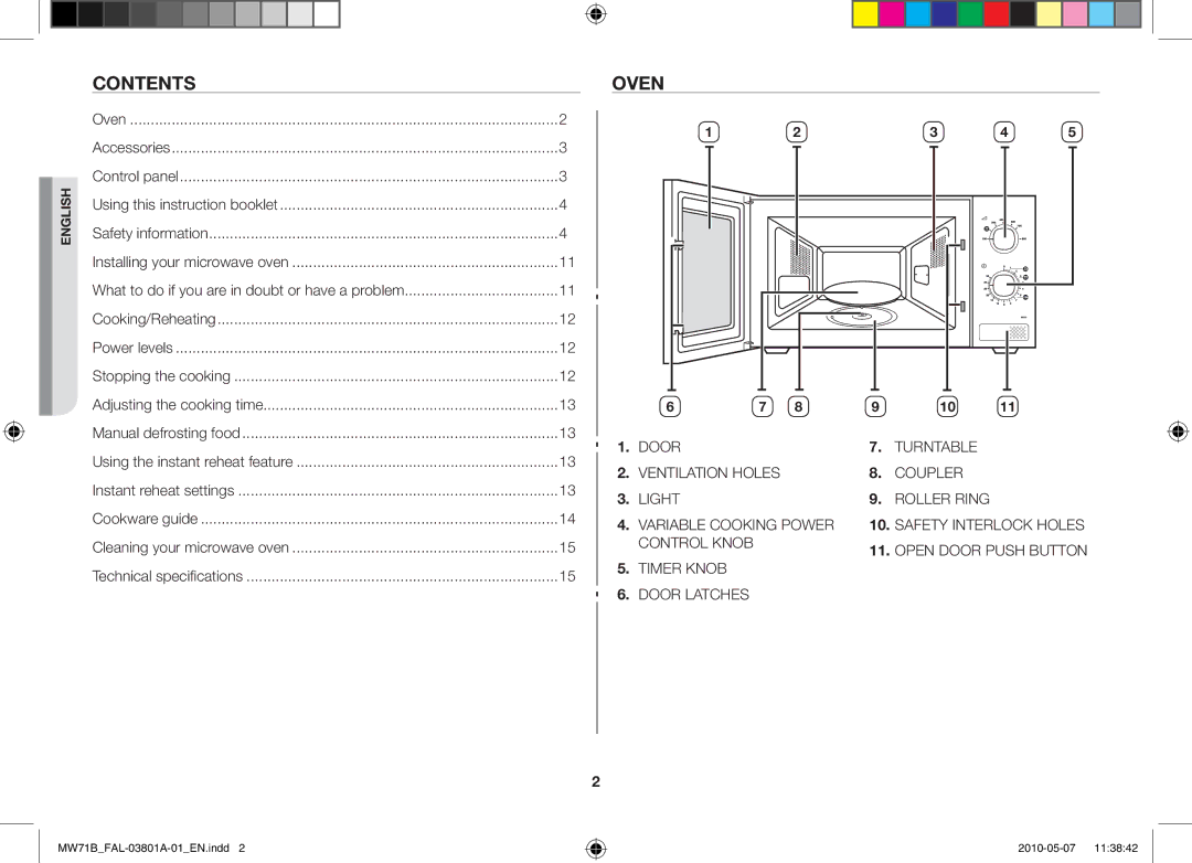 Samsung MW71B/BAL manual Contents, Oven 