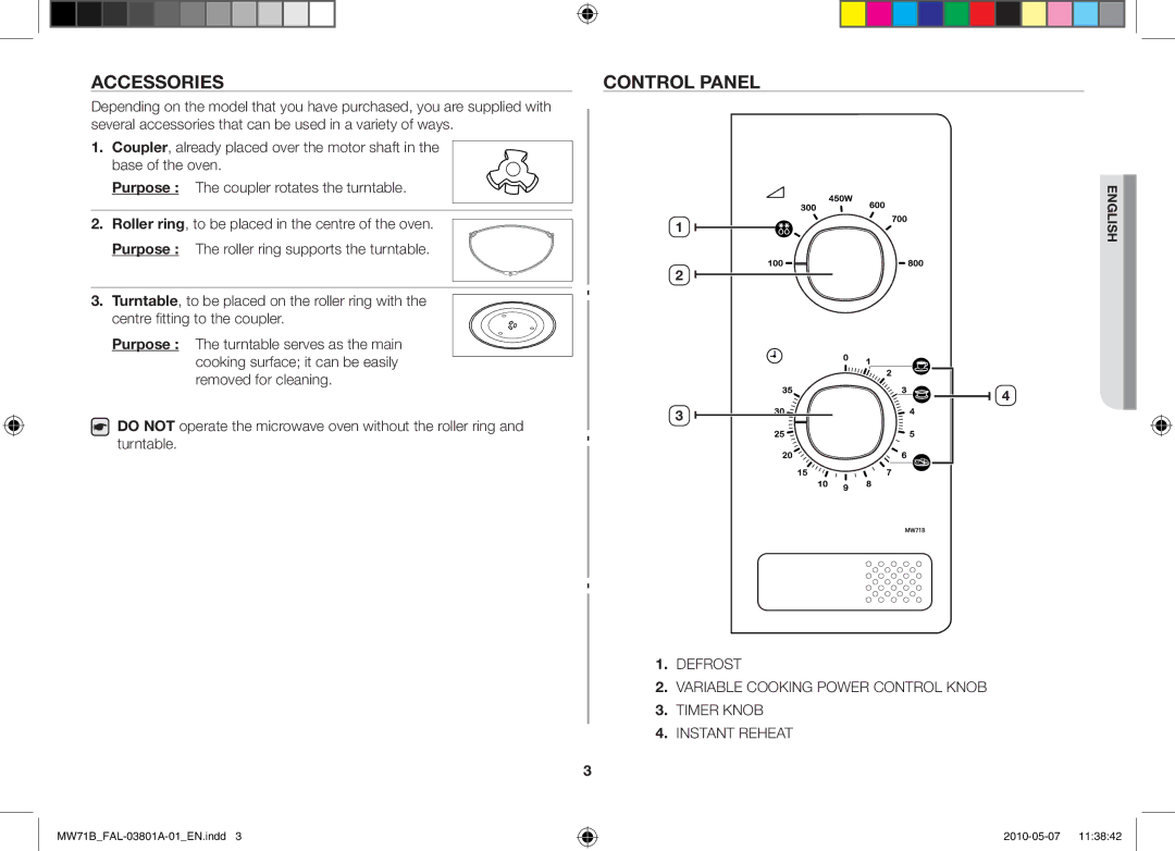 Samsung MW71B/BAL manual Accessories, Control panel 