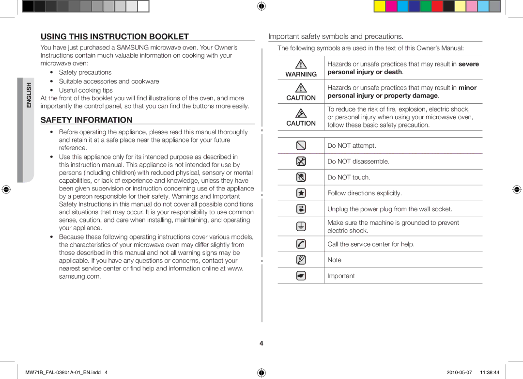 Samsung MW71B/BAL manual Using this instruction booklet, Safety information, Personal injury or death 