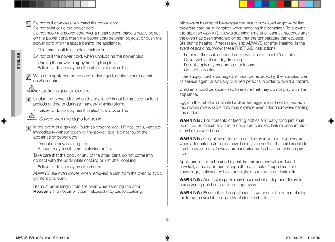 Samsung MW71B/BAL Do not pull the power cord, when unplugging the power plug, Unplug the power plug by holding the plug 