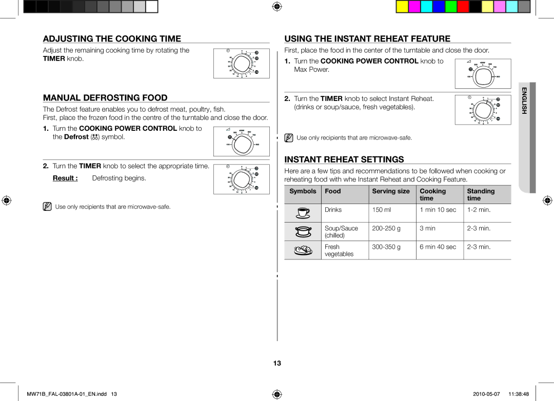 Samsung MW71B/BAL manual Adjusting the cooking time, Manual defrosting food, Using the instant reheat feature 