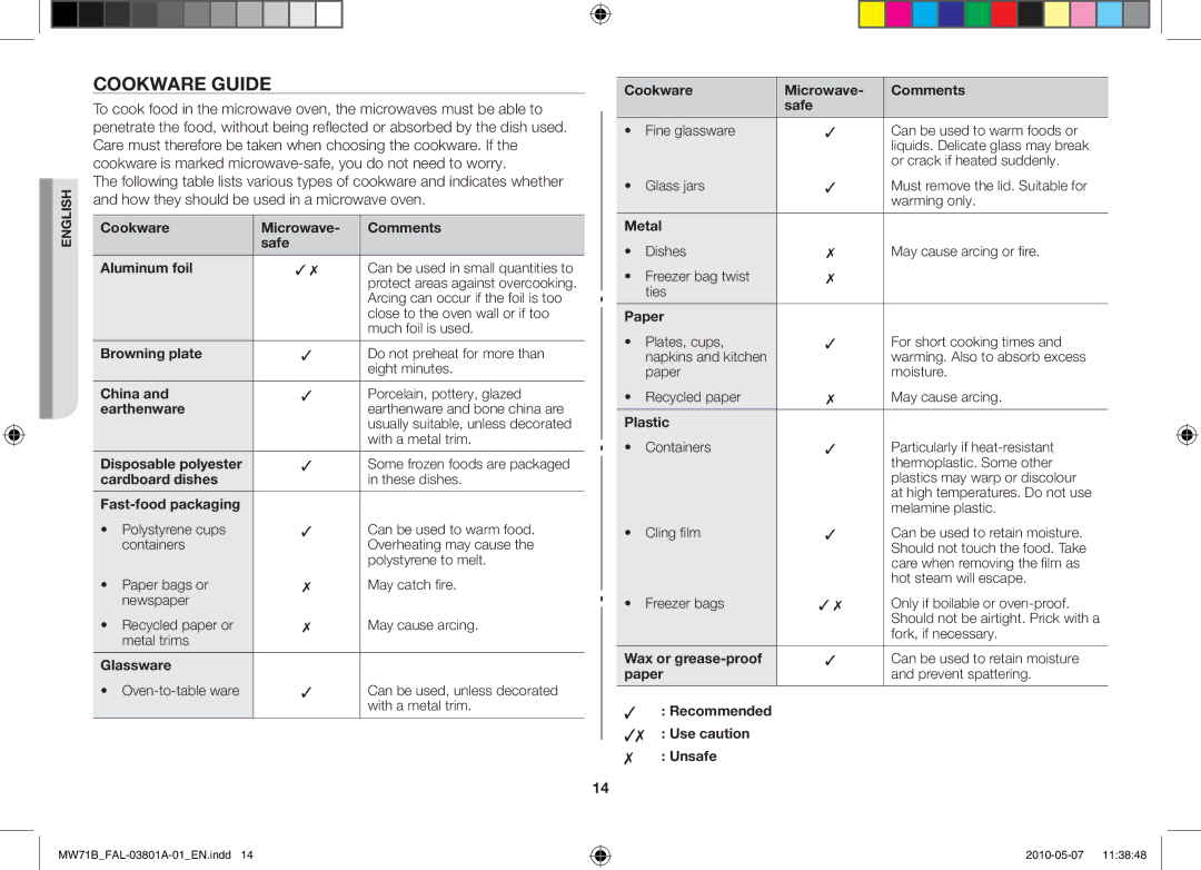 Samsung MW71B/BAL manual Cookware guide 