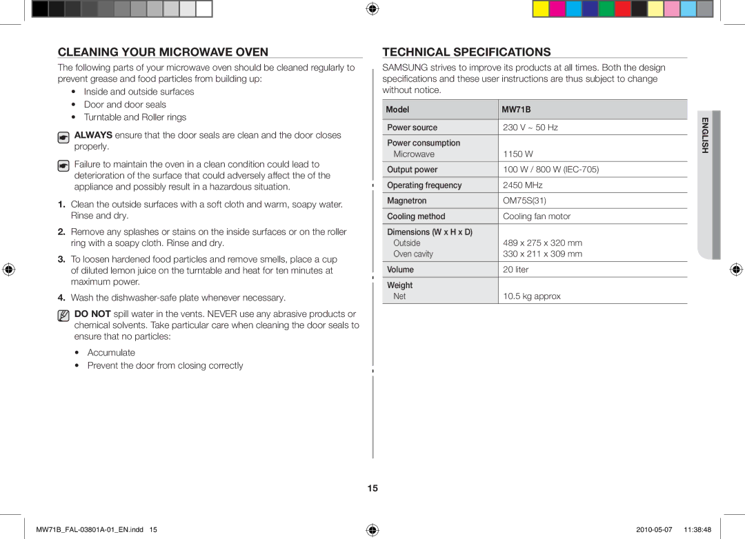 Samsung MW71B/BAL manual Cleaning your microwave oven, Technical specifications, Model 