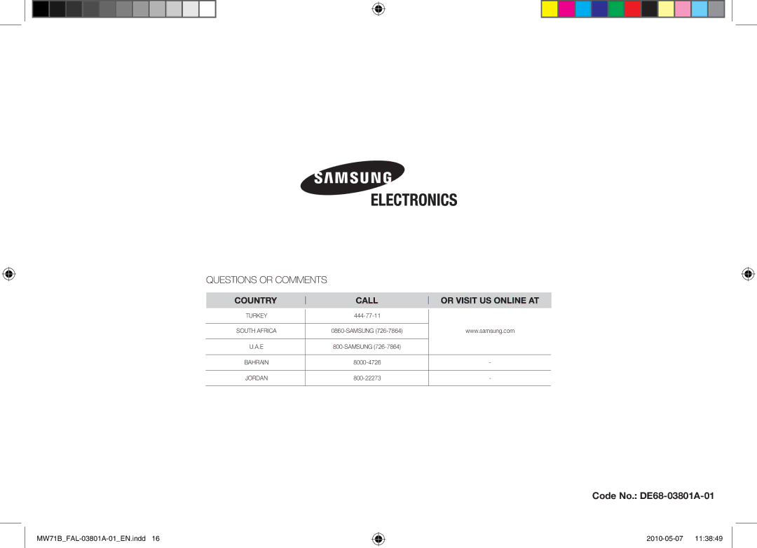 Samsung MW71B/BAL manual Code No. DE68-03801A-01 