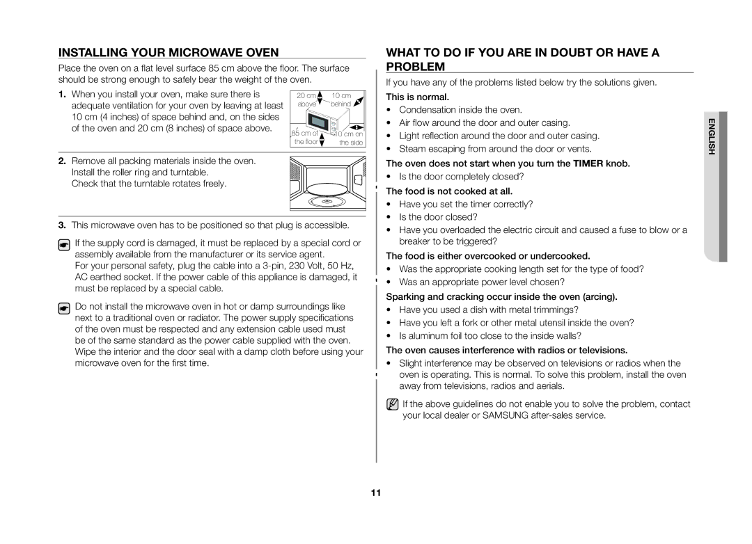 Samsung MW71B/XEG, MW71B/BOL, MW71B/XEO Installing your microwave oven, What to do if you are in doubt or have a problem 