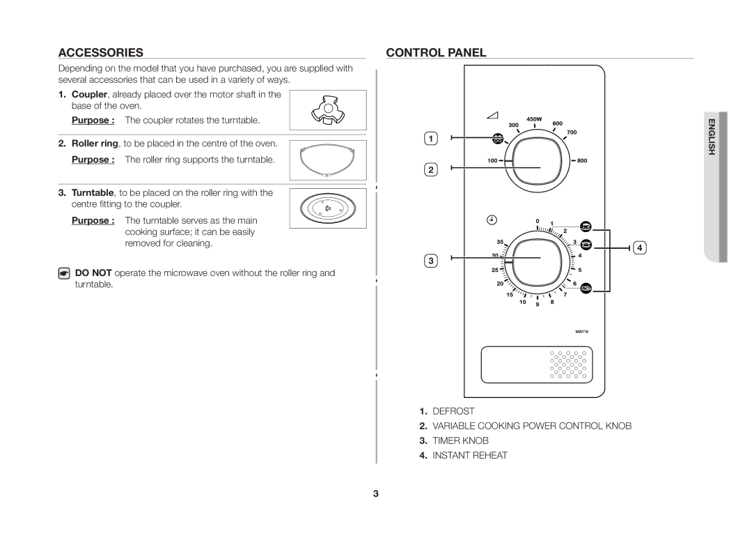 Samsung MW71B/XEG, MW71B/BOL, MW71B/XEO, MW71B/ELE manual Accessories, Control panel 