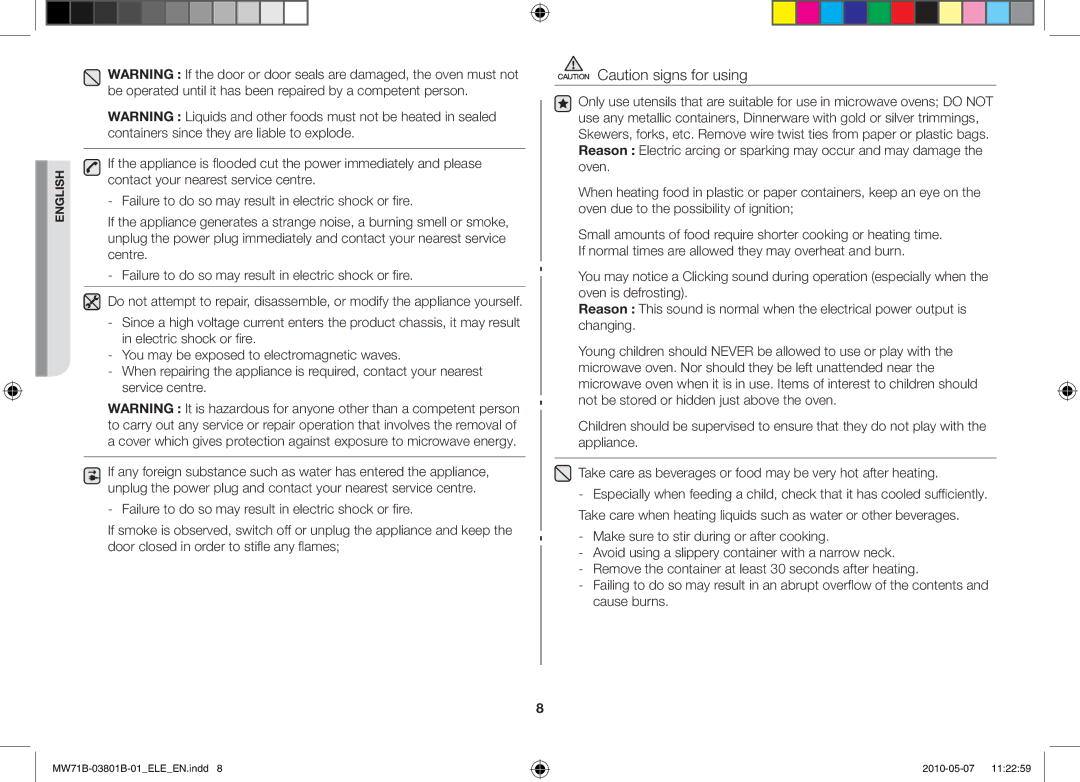 Samsung MW71B/BOL, MW71B/XEO, MW71B/ELE, MW71B/XEG manual English 